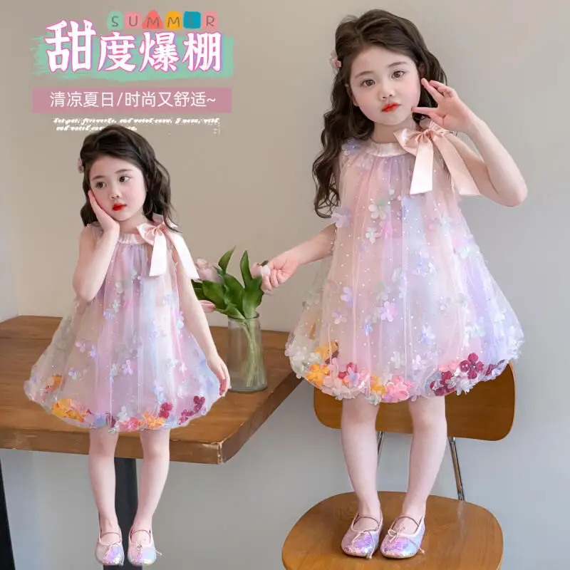 Summer Girl Princess Dress Bow Flower Mesh Dress Sweet Cute Camisole Skirt A-Line Silhouette Three-Dimensional Petal Dress Gift
