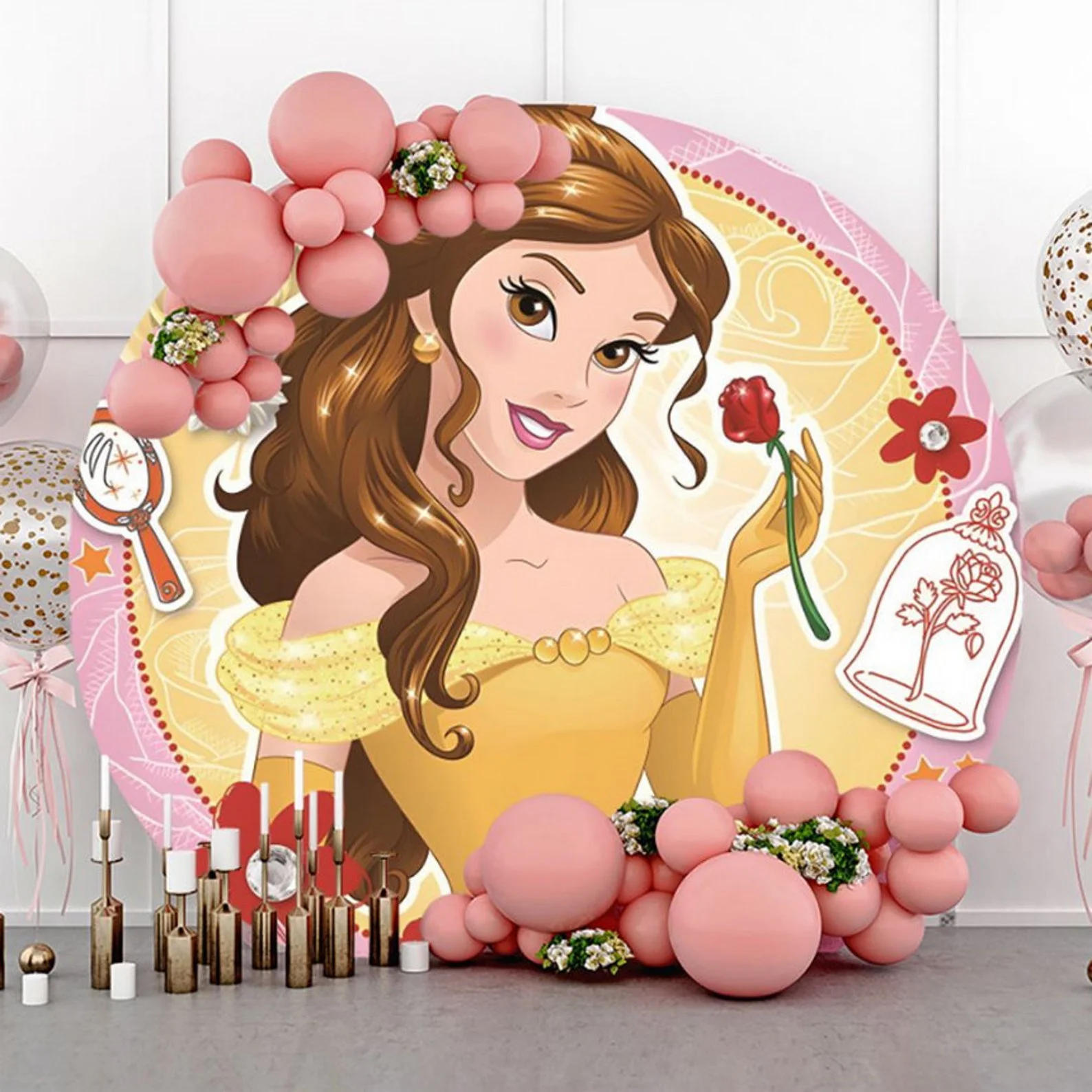 Disney Princess Beauty And The Beast Belle  Cartoon Birthday Party Decor Round Backdrop  Circle Girl Baby Shower Photography