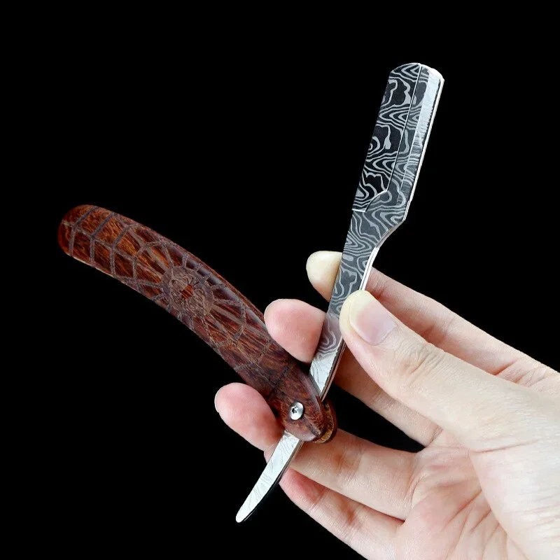 Damascus Pattern  Stainless Steel Folding Razor Spider Rosewood Grain Handle Men\'s Facial Shaver Straight razor Holder G0722