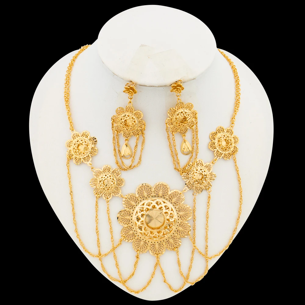 YM Äthiopische Ohrringe mit Halskette, Schmuckset für Party, baumelnde Ohrringe, luxuriöses Halsketten-Braut-Set für Verlobung 4