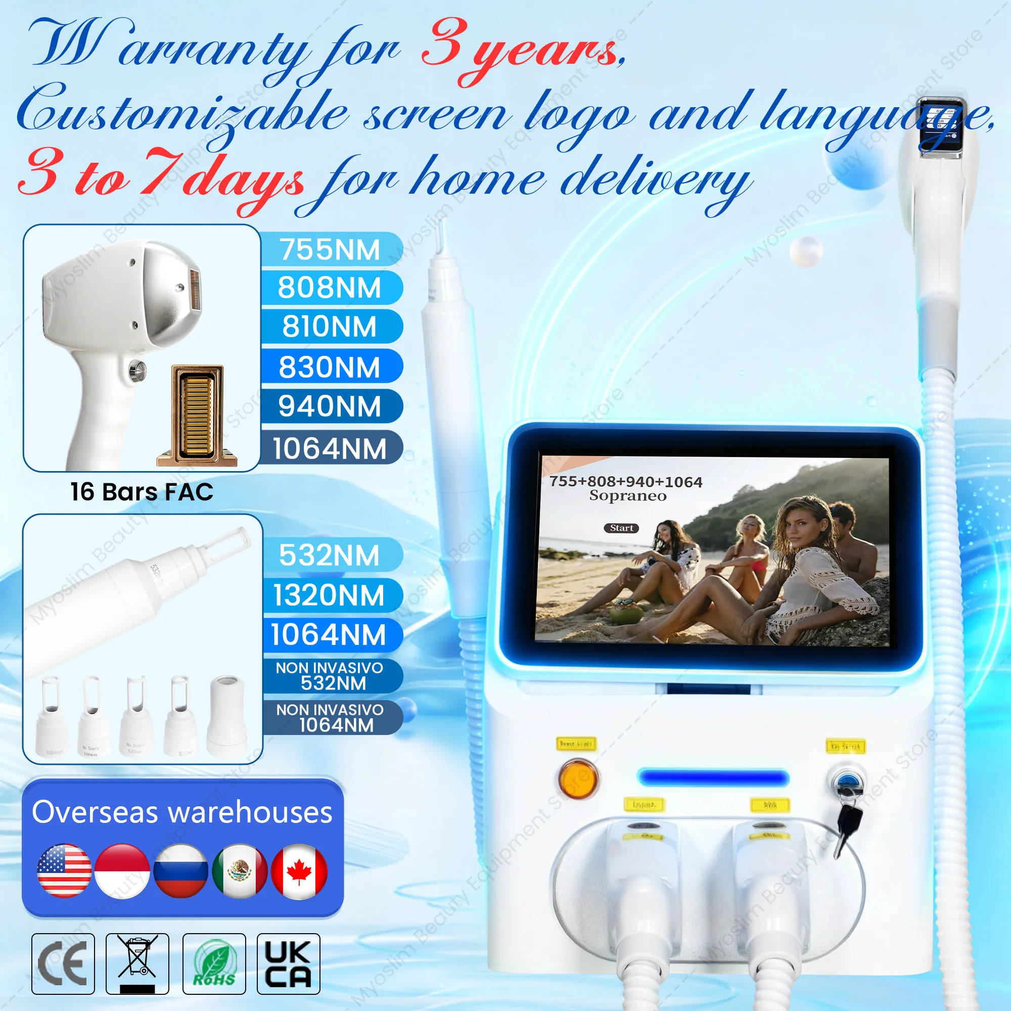 10 Bars 6Wavelength 808 Diode Laser  Hair Removal Picolaser Tattoo Remover 2IN1 Ice Cooling Painless Hair Skin Whitening Machine