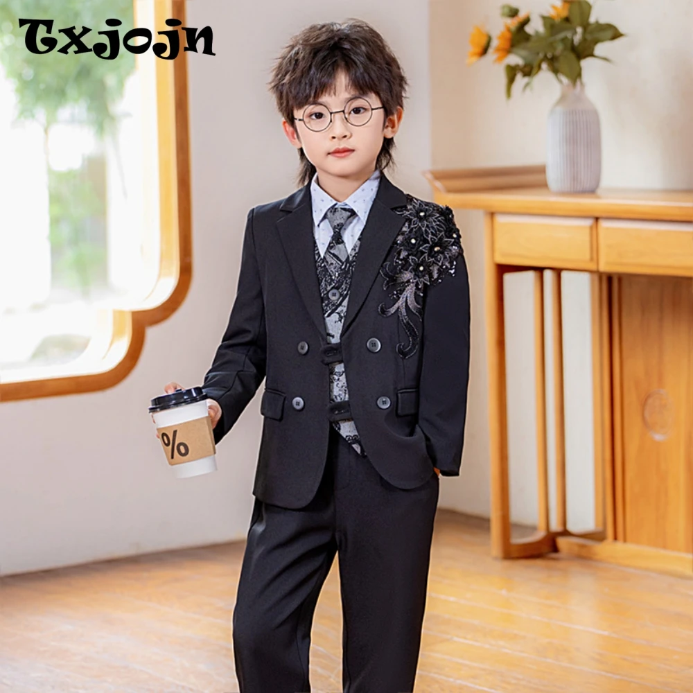 

Txjojn Exquisite Boys Embroidery Suit Set 4 Pieces Stage Performance Wear,Casual Notched Lapel Kids Suits For Celebration