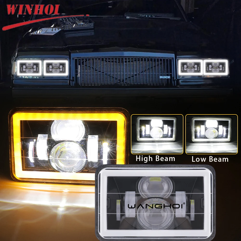 4x6 Inch LED Headlights with White DRL Halo & Amber Turn Signal Light Rectangular Rectangular Hi/Lo Beam Led Work Light 12-24V