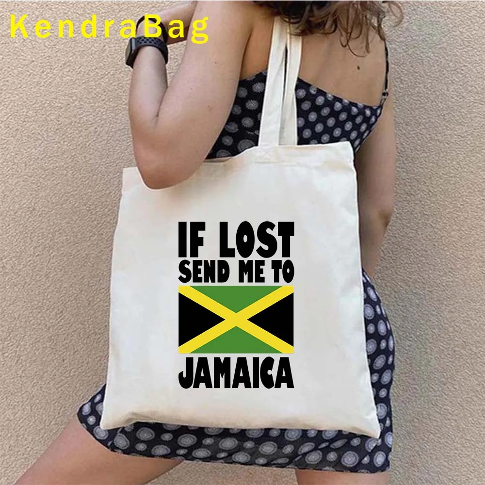 Visit Jamaica Montego Bay Jamaica Flag Map Jamaican Girl Pride Gift OCHO RIOS Sunset Love Heart Vintage Tote Bag Cotton Handbags