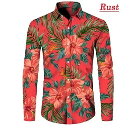 Men's Casual Shirt Hot New Arrival Flower Print Long Sleeve Button Lapel Shirts Male Fashion Plus Size Beach Holiday Shirt Top