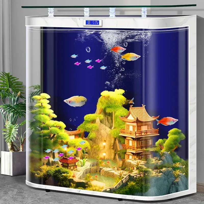 

Бытовой резервуар для золотых рыбок от пола до потолка, большой экран дисплея, большой изогнутый стержень, встроенное утолщенное стекло