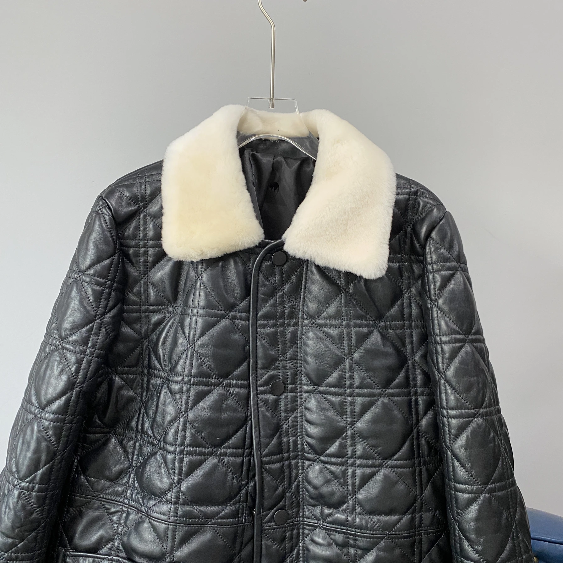 レディース ダイヤモンド柄 薄手コットン 本革ジャケット ウインドブレーカー ミドル丈コート 暖かいシープスキン アウターコート