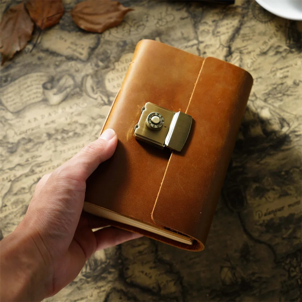 A7 Password Journal Cowhide Genuine Leather Cover Thick Note Book Metal Lock Planner Handmade Retro Notebook Blank 400 pages