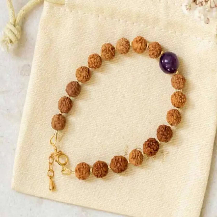 

Handmade Rudraksha Bodhi Seed Bracelet with Amethyst Bead Ethnic Jewelry Gift 8MM