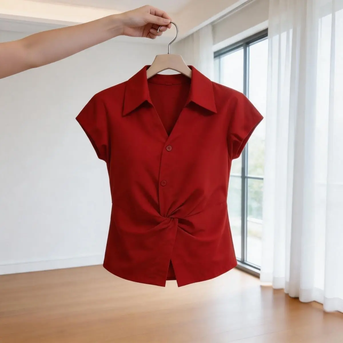 Summer Slimming Casual Style Short Sleeve Shirt Knot Waist Casual Collar Cover Belly Versatile Women's Fashion Top Polyester ...