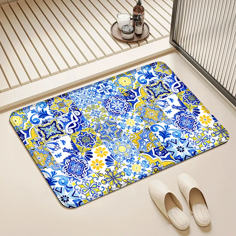 

Blue Yellow Tile Pattern Door Mat Non-Slip Absorbent Floor Rug for Home Bathroom Kitchen Decor
