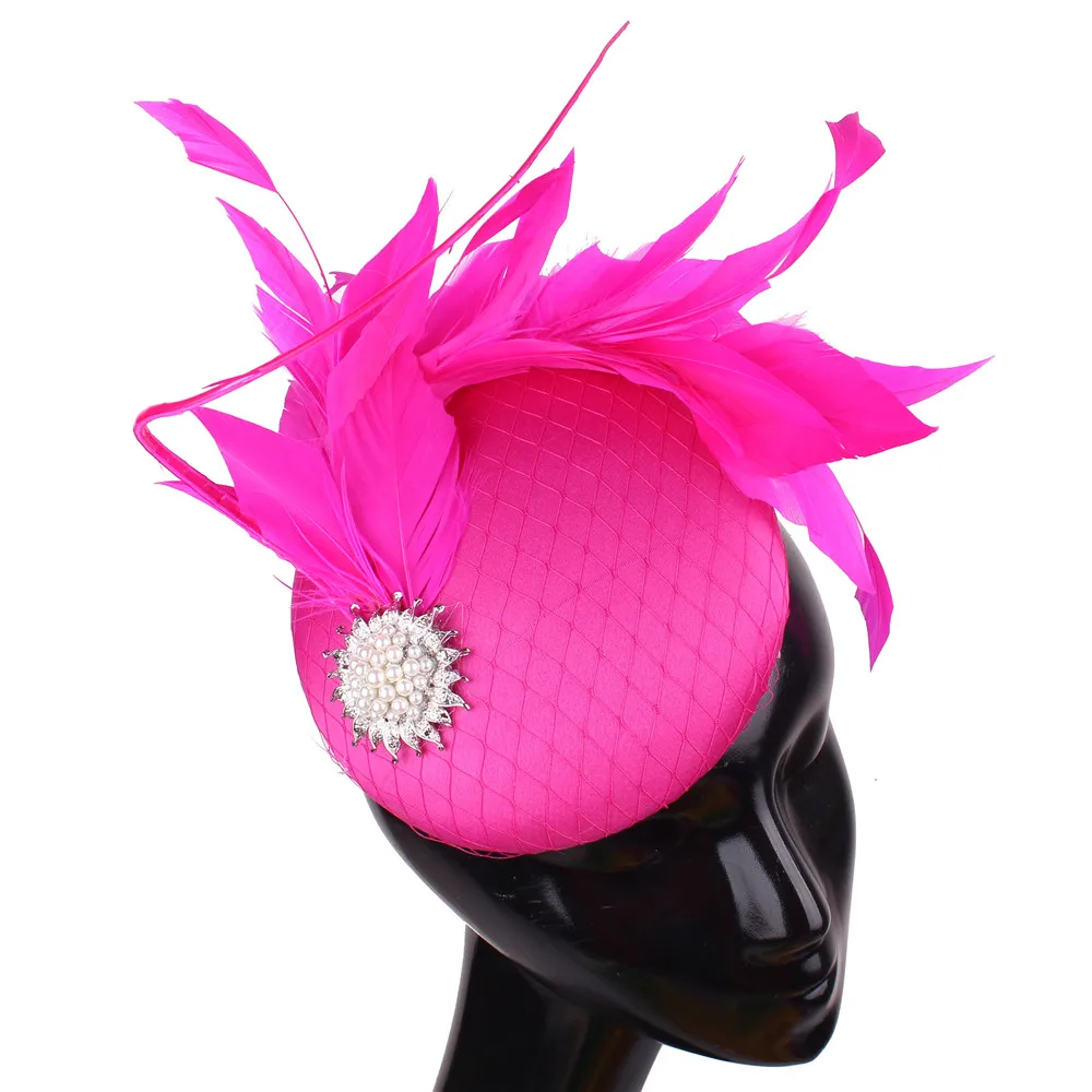 

Magenta Satin Wedding Fascinators Women Elegant Headwear With Quill Church Hair Accessories Bride Mesh Fedora Hats High Quality