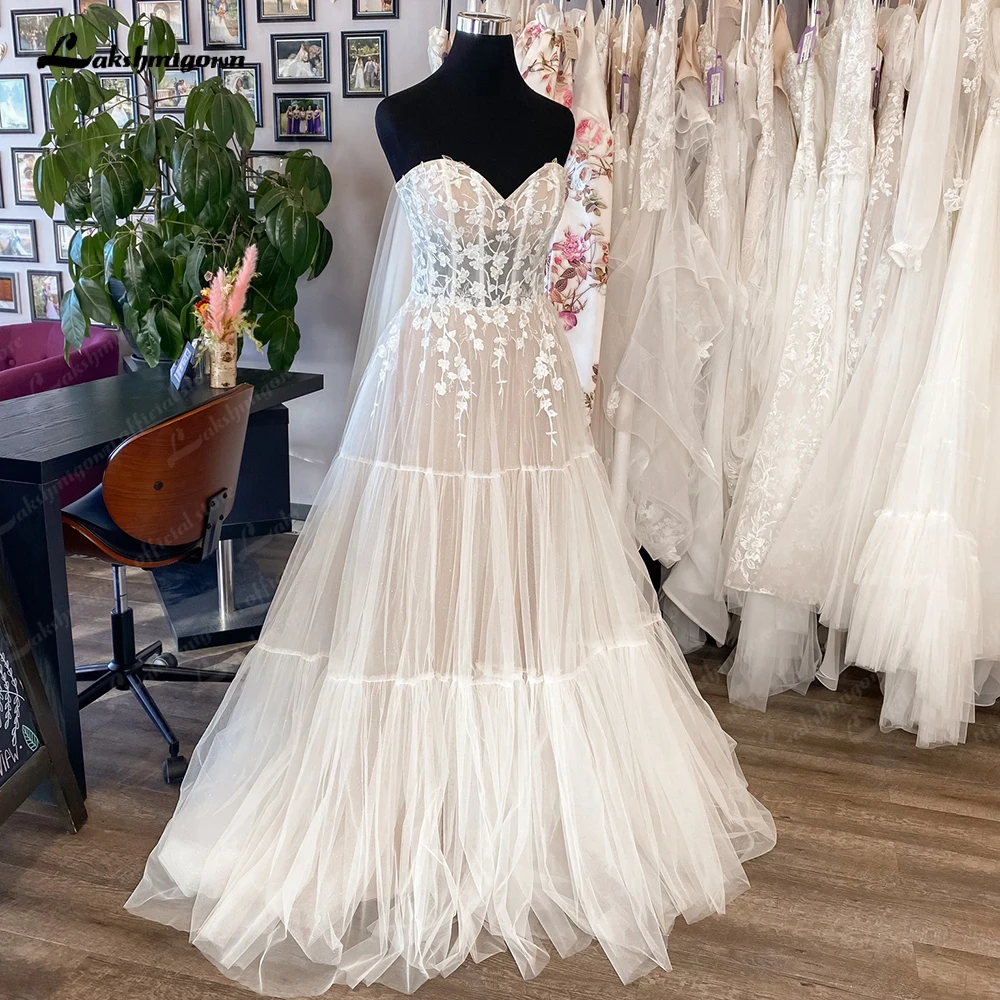 Lakshmigown Illusion kochanie warstwowe suknie ślubne o linii bez rękawów kwiatowe aplikacje koronkowe suknie ślubne Vestidos de Nova