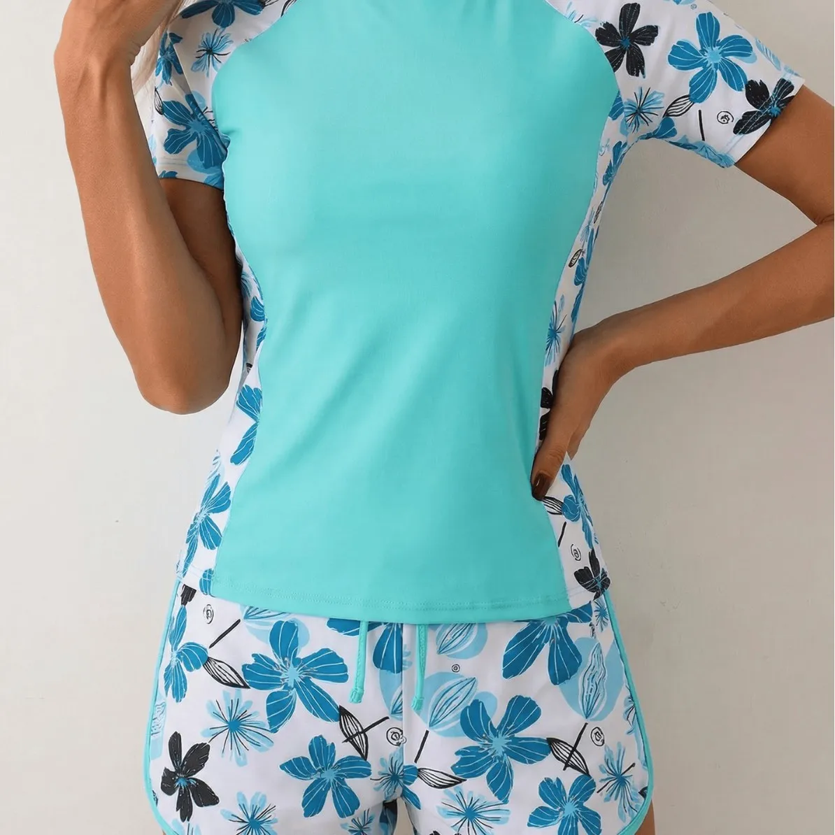 Woman Tankini With Shorts Crop Tankini Top Floral Print Two Piece Swimsuit High Waist Shorts Blue Floral Swim Top Modest