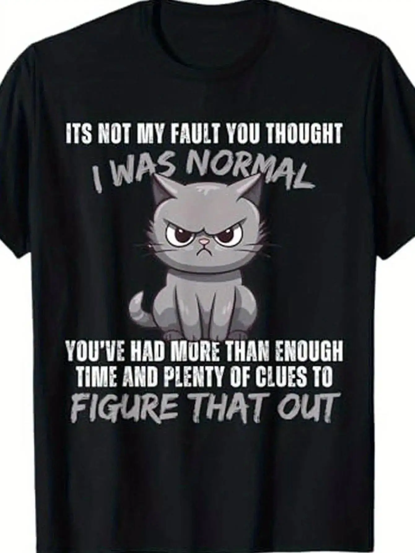 

Funny "Not My Fault You Thought I Was Normal" Cat Graphic T-Shirt - 100% Cotton Short Sleeve Crew Neck Tee With Bold White Text