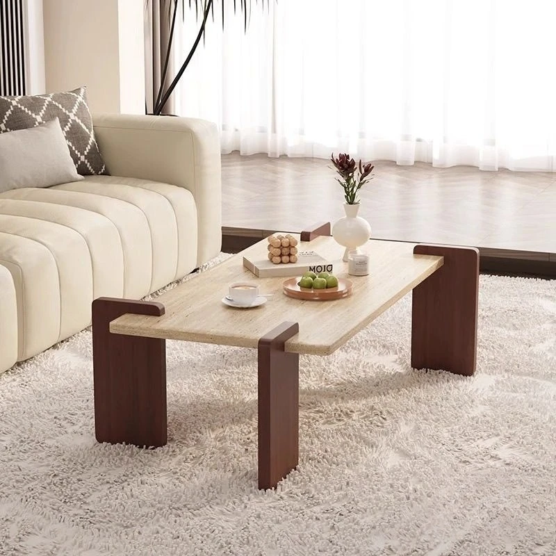 Wabi Sand wind travertine coffee table living room household solid wood rectangular rock slab tea table small apartment