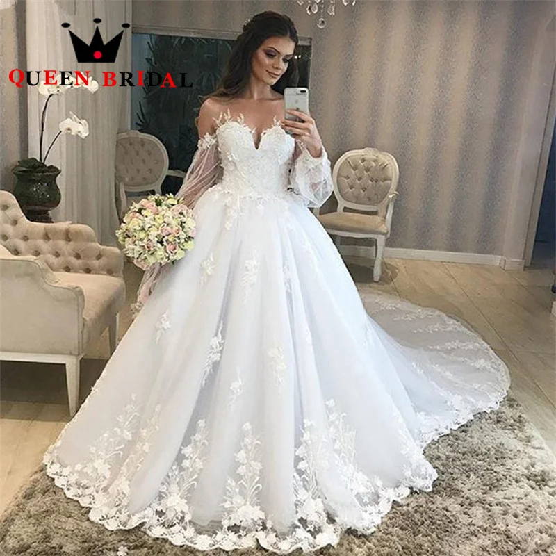 

Elegant A Line Long Sleeves Wedding Dresses Tulle Sweetheart Lace Appliques Floor Length فساتين الزفاف Bride Gown Custom M26Q