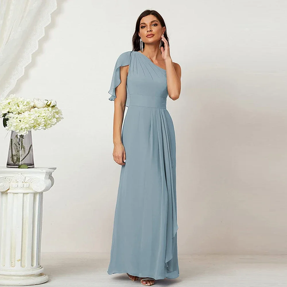 Customized Dusty Blue Sheath Mother Of The Bride Dresses Side Split One-Shoulder Prom Gown Pleat Ruffles Chiffon Party Dress Ves