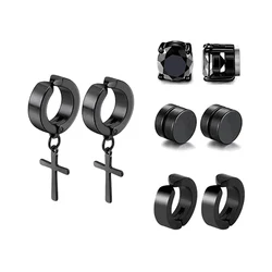 4 pairs of men's personalized cross magnets, stainless steel without ear holes, ear studs, ear bone clips, ear clips