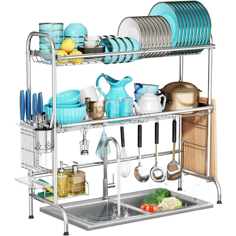 

Dish Rack Over The Sink, Dish Drying Rack,Dish Rack Over Sink,Stainless Steel 2 Tier Large Sink Rack with Utensil Holder