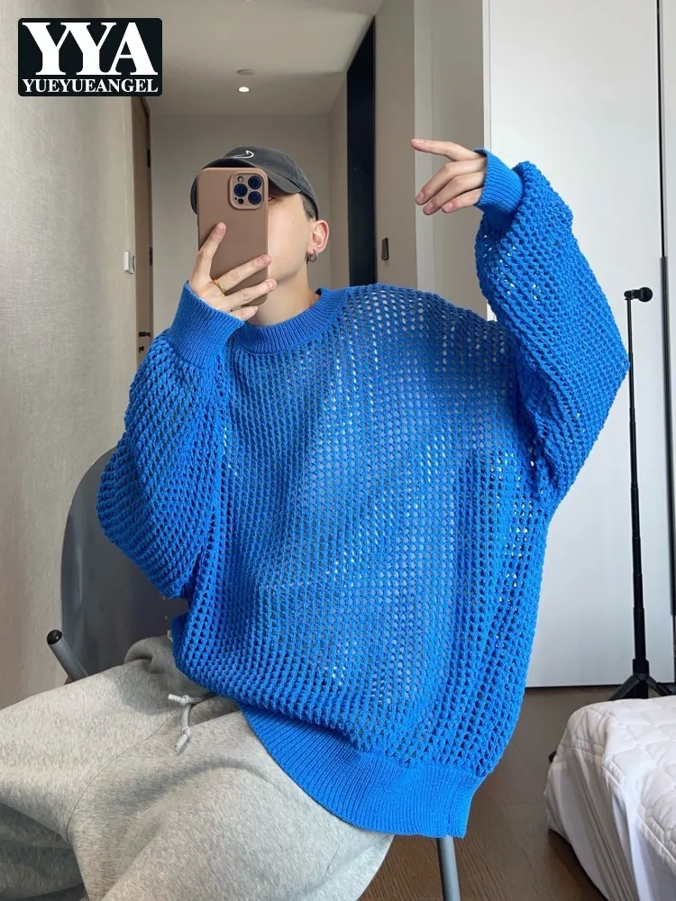 Fashion Autumn Casual Loose Fit Pullover Jumpers O Neck Oversized Sweater Tops Streetwear Vintage Breathable Hollow Out Knitwear
