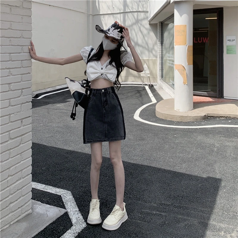 Splicing collision denim half-body skirt female 2024 new versatile fat mm large size thin high-waisted retro a word short skirt