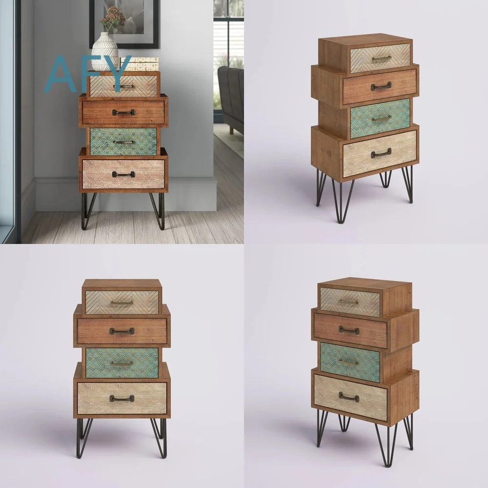 Bohemian Retro Bedroom Furniture Set for Modern Home Decor 4 Drawer Chest Nightstand Side Table for Small Spaces Bedroom