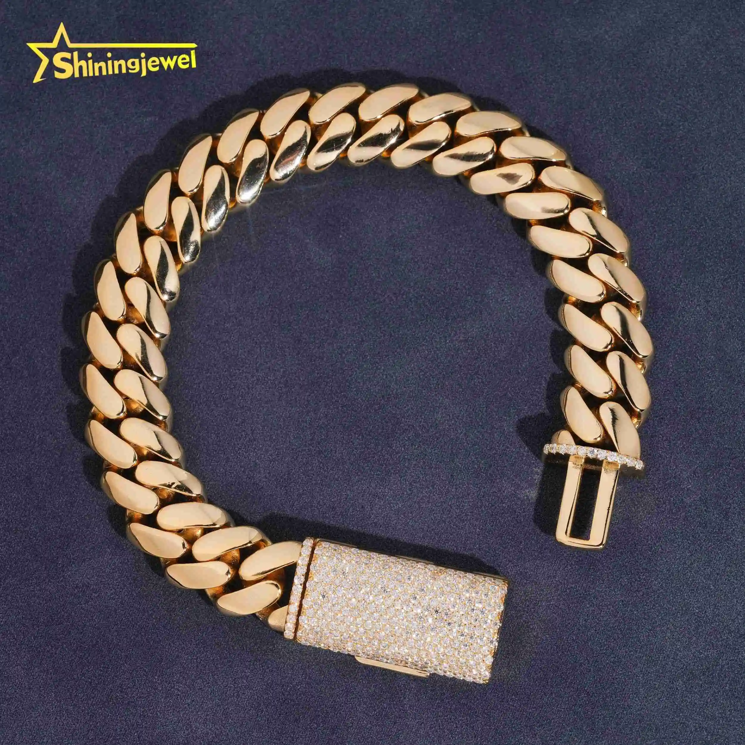 High Quality Hip Hop Jewelry 925 Sterling Silver 12mm Moissanite Lock Plain Cuban Link Chain Bracelet，
