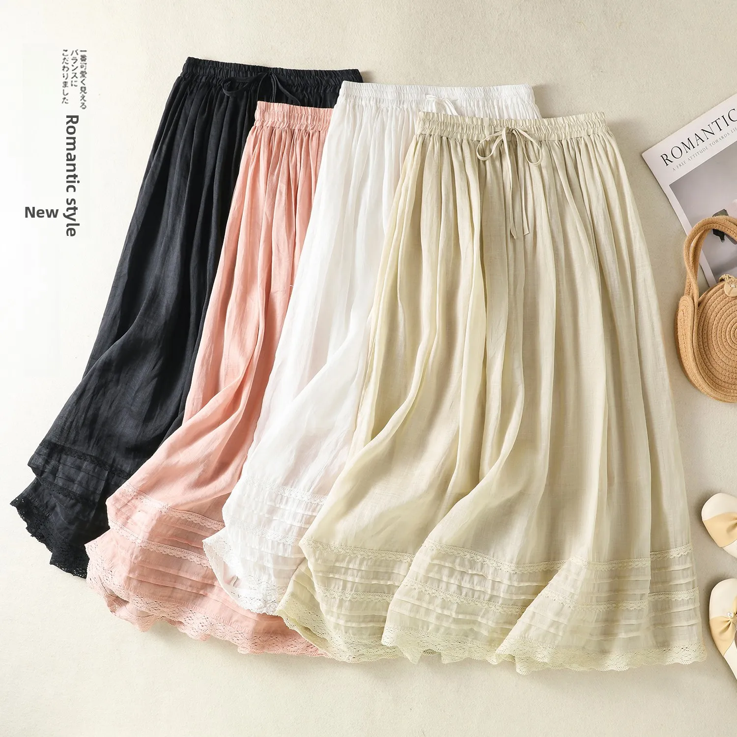 

High-End Women's Cotton Linen Skirt with Drawstring Large Flounce Loose Fit Midi Skirt for Summer 2026 Commute Artistic Style