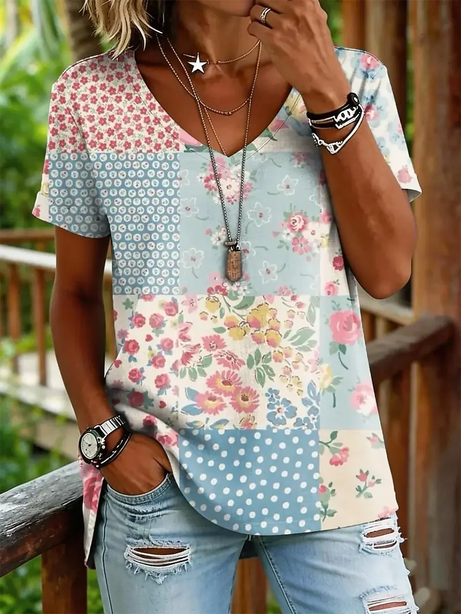 Women's Vintage Classic V Neck Short Sleeve T-Shirt Geometry Graphic Print Casual Regular Tops Daily Going Out Wear for Summer