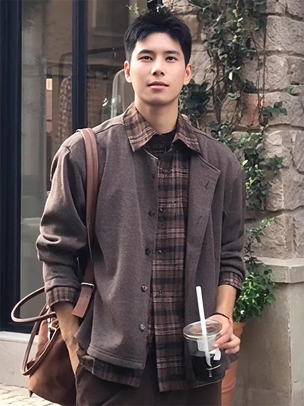 

American Retro Plaid Long Sleeve Shirt Men's Spring Autumn Loose Casual Outerwear Youthful Trendy Brand Non-ironed Process