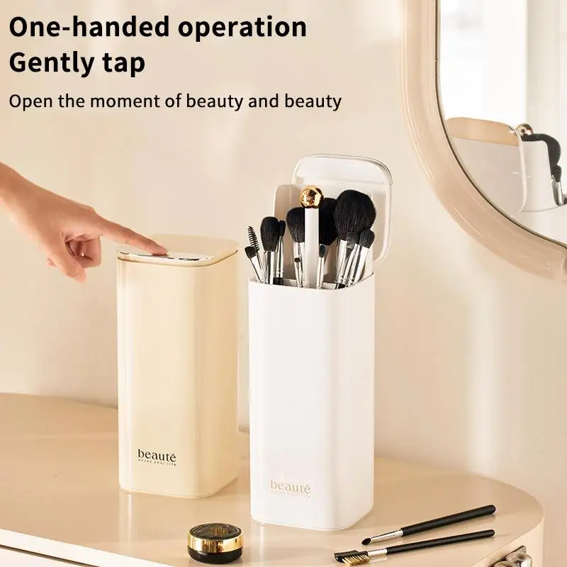 Automatic Lifting Makeup Brush Holder Dustproof Large Capacity Cosmetic Storage Box for Dresser Desktop Home Use