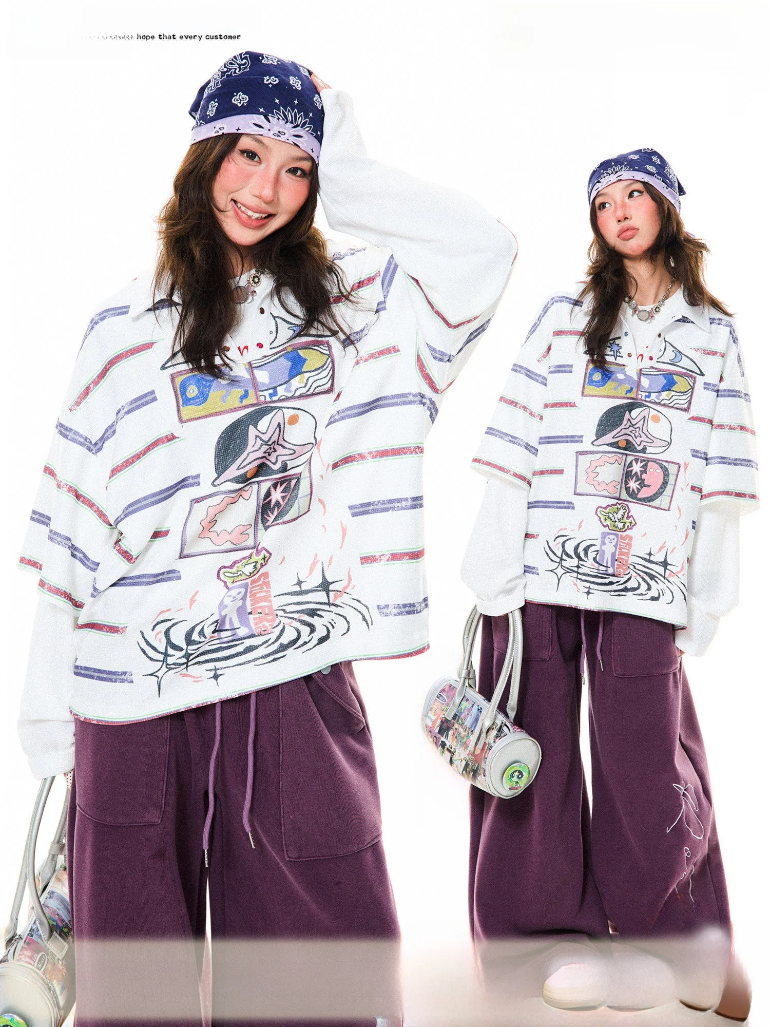 

Young Stage Women's Long Sve Ne T-irt Spring Loose Fit Striped Print Two-Piece Look Inner Wear Base irt Trendy