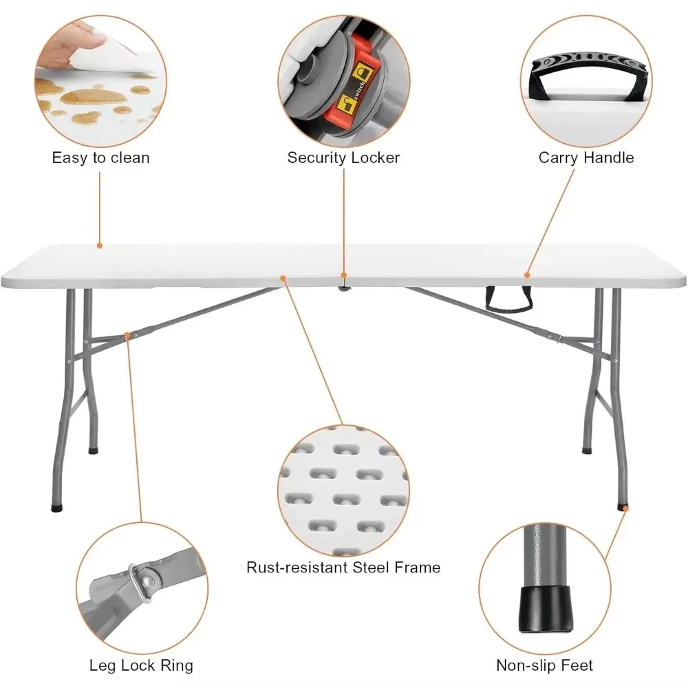 Folding picnic table 8 ft, portable, with handles, white trailing utility commercial craft table with heavy duty frame