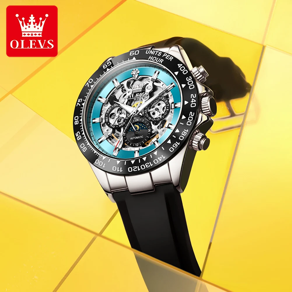 OLEVS Man Watch 6713 Brand-Exclusive Hollowed Automatic Men's Watch Fashion Silicone Strap Moon Phase Date Mechanical Wristwatch