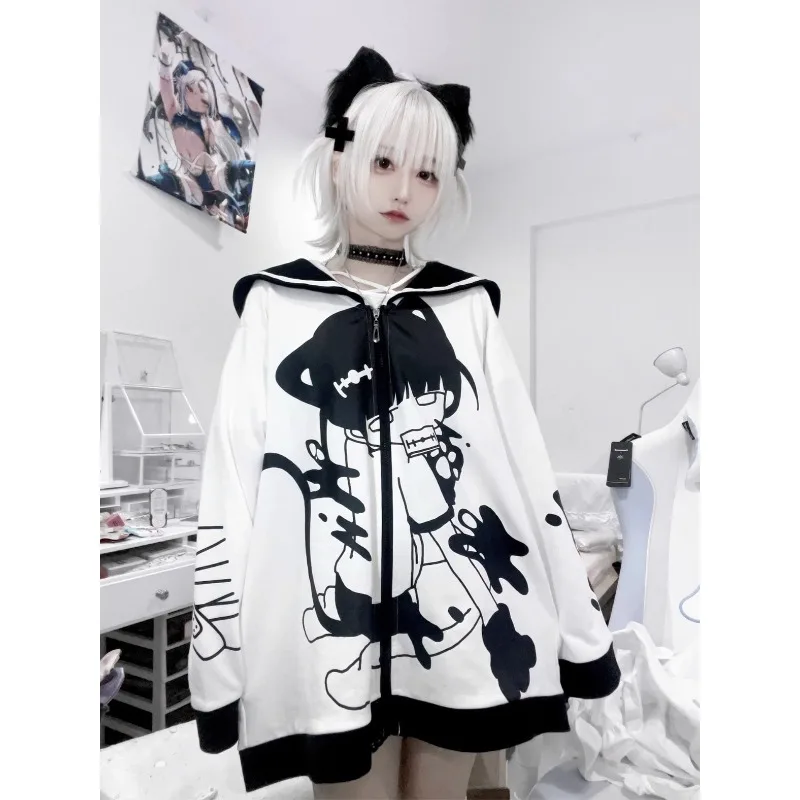 Autumn 2024 Coat Cat Ear Black White Pink Y2k Cute Harajuku Subculture Jacket Women Chic Casual New Cosplay Outerwear Hoodies