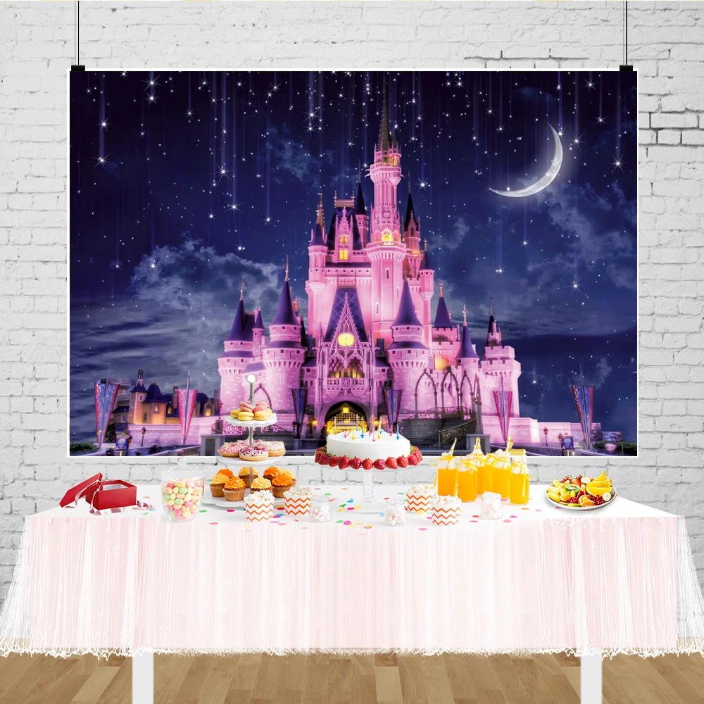 ของตกแต่งงานปาร์ตี้วันเกิดฉากหลังปราสาทเจ้าหญิงสำหรับเด็กทารกหญิง1คนภาพกลางคืนดาวดวงจันทร์สีดำสีม่วง