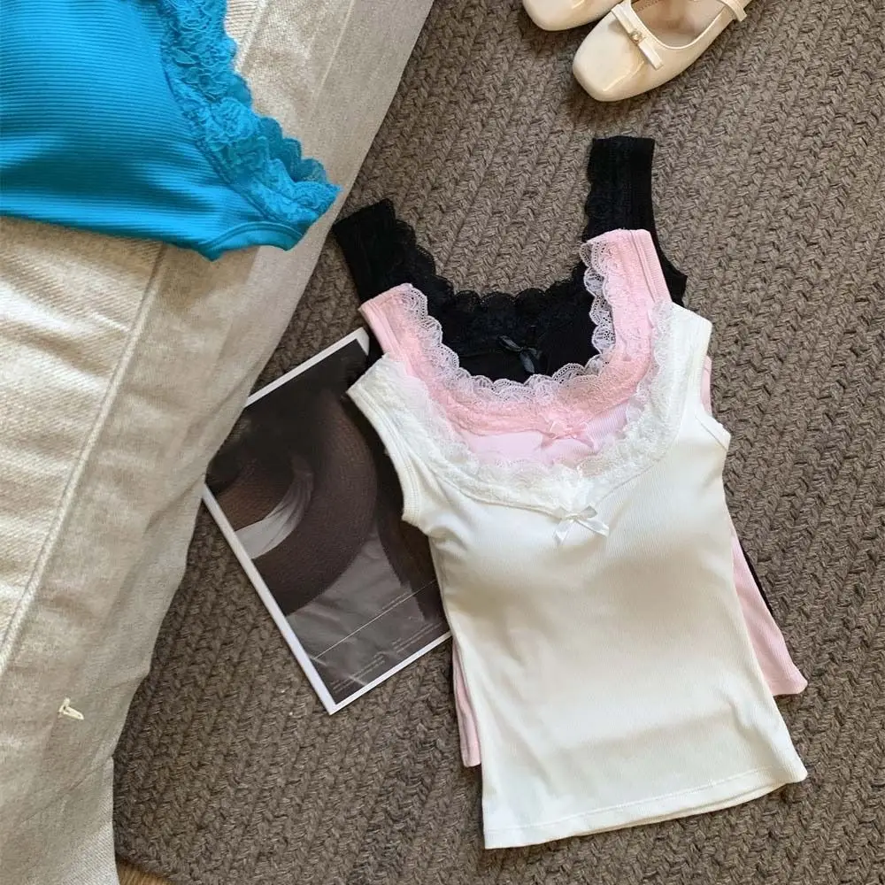 

Mesh Flower Y2k Lace Crop Top Spicy Girl Style Bow Women's Sleeveless Vest Streetwear Slim Fit Camisole with Chest Pad Harajuku