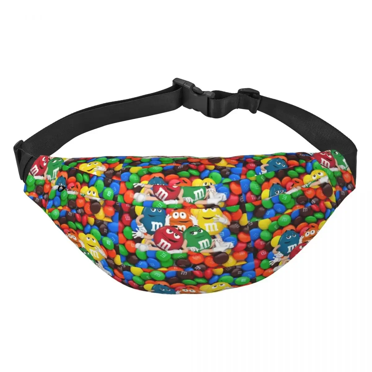 M&M Sweet Chocolate Candy Fanny Pack النساء والرجال أزياء الكرتون حبال Crossbody الخصر حقيبة للسفر الهاتف المال الحقيبة