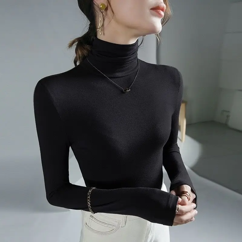 2024 Black Female Tops Slim White Clothes Plain Turtleneck Warm Women\'s T Shirts Sexy Tees Funny Offer Korean Style Tshirts Xxl