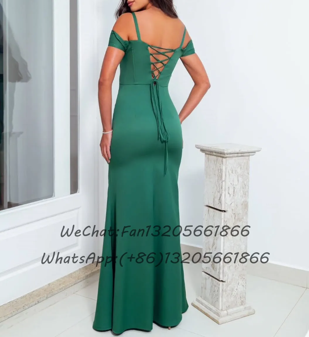 Green Long Mermaid Bridesmaid Dresses Sexy Criss-cross Backless Slit Wedding Party Dress Off Shoulder Spaghetti Straps Prom Gown