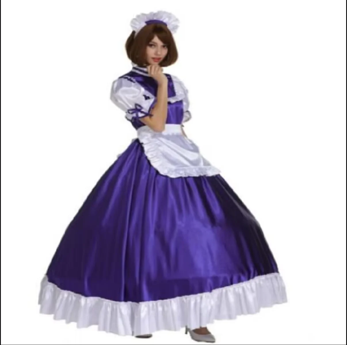 French Girls' Ruffled Purple Lockable Long Bubble Sleeve Apron Sissy Cosplay Dresser Party Daily Unisex Dress Customization