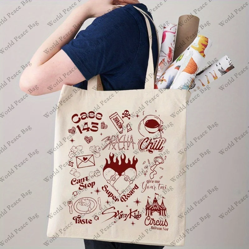 1pc Vintage Full Tracklist stay Pattern kids Tote Bag, Retro Casual Canvas Luggage Bag, Simple Kpop Shoulder Bag