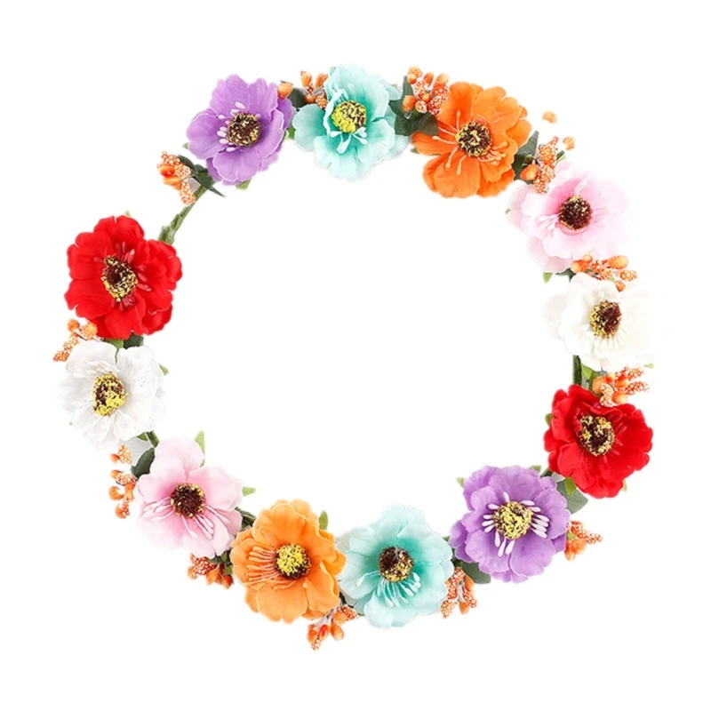 

Festival Flower Headwear Adjustable Hair Hoop Multicolored Headbands Crowns Elastic Ribbon for Beach Parties and Wedding