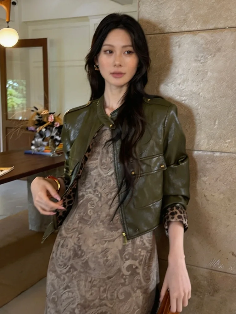 IG Women 2‑Piece Outfit Cropped Zip Jacket With Leopard Cuff Decor + High Waist Mermaid Long Skirt, Fashion Suit For Fall Winter view 3
