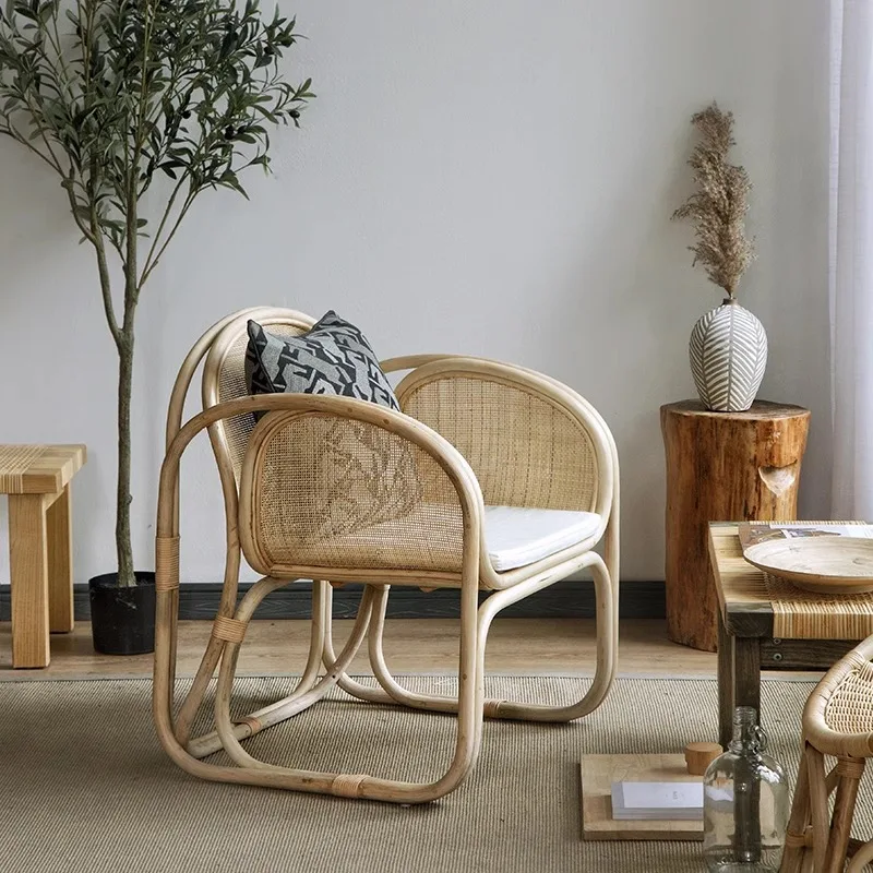 New Chinese Sofa Chair Indonesian Rattan Pure Handmade Wabi Sabi B & B High-end Single Sofa Chair Factory Direct Sales