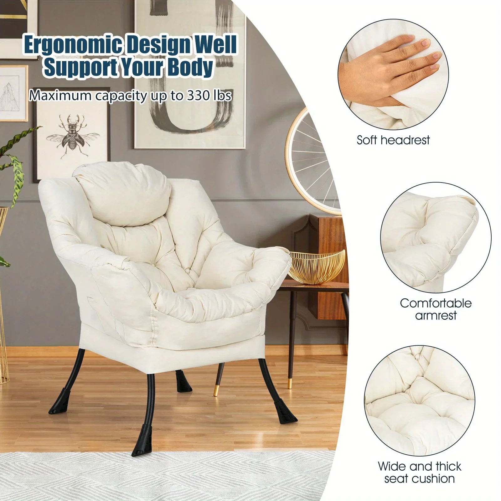 Costway Modern Polyester Fabric Lazy Chair Single Sofa Chair W Side Pocket Beige image 3