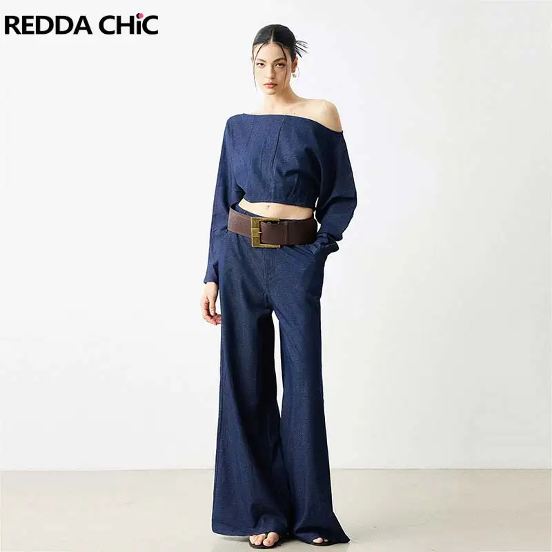 REDDACHiC Modern Off Shoulder Blouse Pants Women Matching Set Work High Waist Baggy Pants Long Sleeve Shirt Elegant Fall Clothes