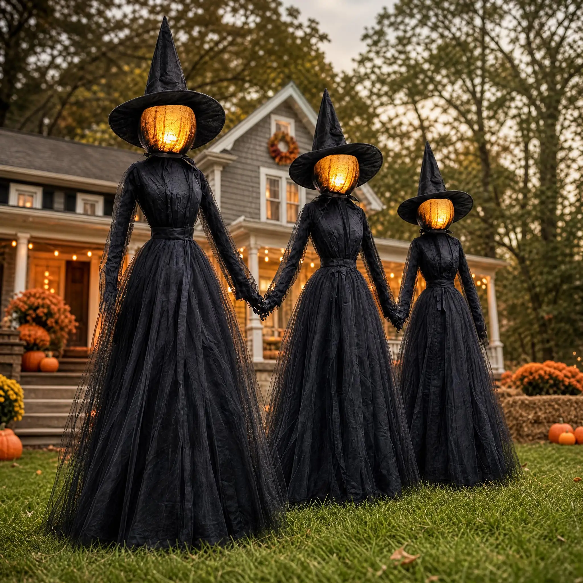 Halloween Decorations Outdoor, 6 FT Set of 3 Light Up Witches Holding Hands Witches with Stakes, Glowing Face Witch Decorations