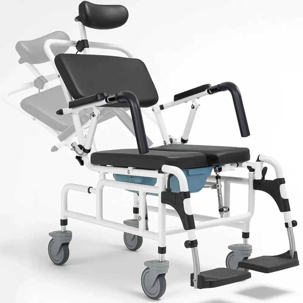 Reclining Shower Chair with Wheels Commode Wheelchair for Seniors, Disabled amp Handicap Padded Transfer Rolling Chairs w Arms